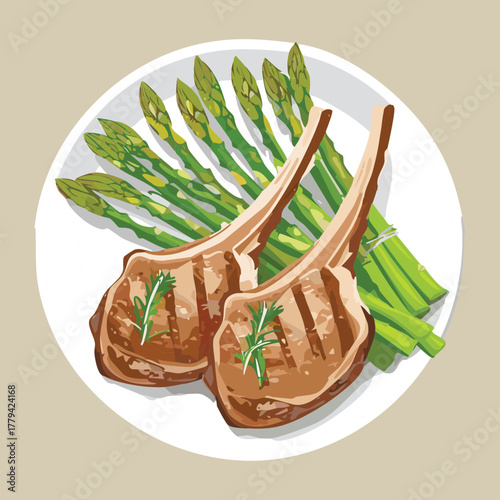 Gourmet grilled lamb chops or cutlets served with tender green asparagus spears on a clean white plate for a main course - Vector Illustration