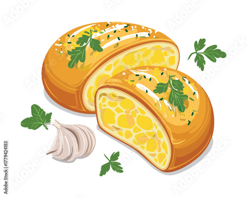 Round loaf of cheesy garlic bread, sliced in half and topped with fresh herbs and garlic cloves for seasoning - Vector Illustration