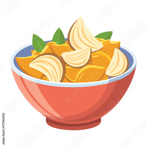 Pickled garlic cloves and sliced chilis soaking in yellow oil, served in a small red bowl, a vibrant condiment - Vector Illustration