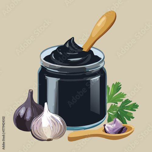 Dark black garlic paste or savory condiment in a jar with a wooden spoon, next to fresh garlic cloves and parsley - Vector Illustration