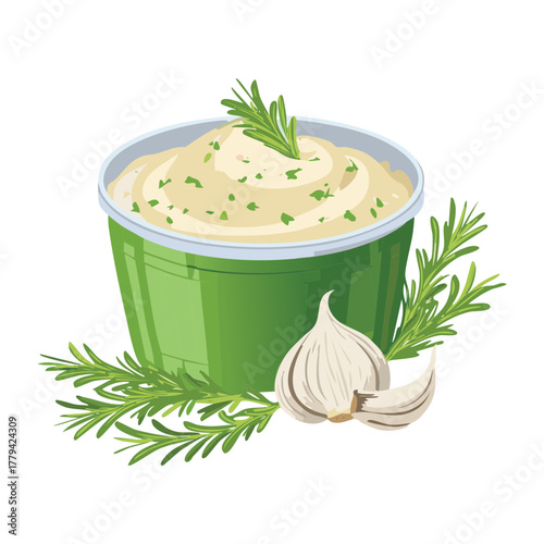 Creamy garlic and herb dip or spread served in a green bowl, surrounded by fresh garlic cloves and rosemary sprigs - Vector Illustration