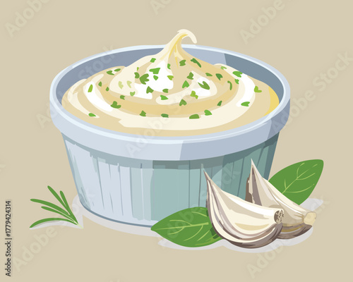 Creamy white garlic and herb spread served in a small bowl, garnished with basil leaves and fresh garlic cloves - Vector Illustration