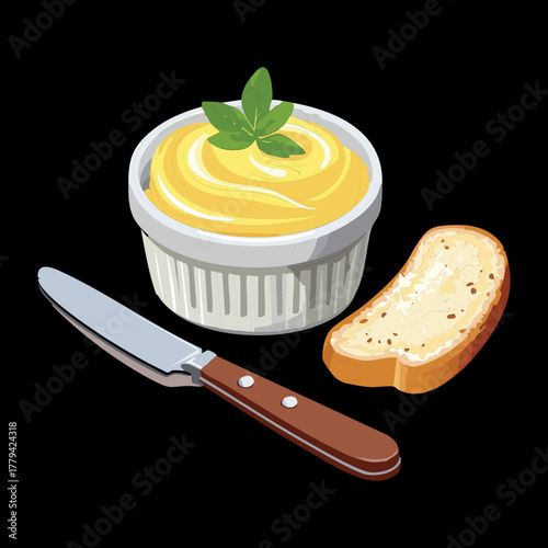 Rich yellow garlic butter or compound spread served in a small white ramekin with a knife and sliced toasted bread - Vector Illustration