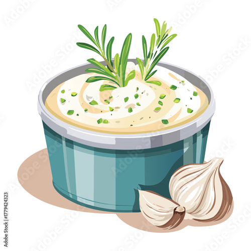 Homemade creamy garlic herb spread served in a small turquoise bowl, garnished with fresh rosemary and whole cloves - Vector Illustration