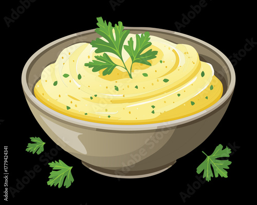 Delicious savory garlic butter or creamy mashed potato swirl in a neutral bowl, topped with chopped fresh parsley - Vector Illustration