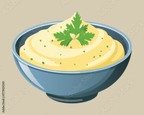 Creamy garlic spread or mashed potatoes swirled high in a blue bowl, garnished generously with vibrant fresh parsley leaves - Vector Illustration