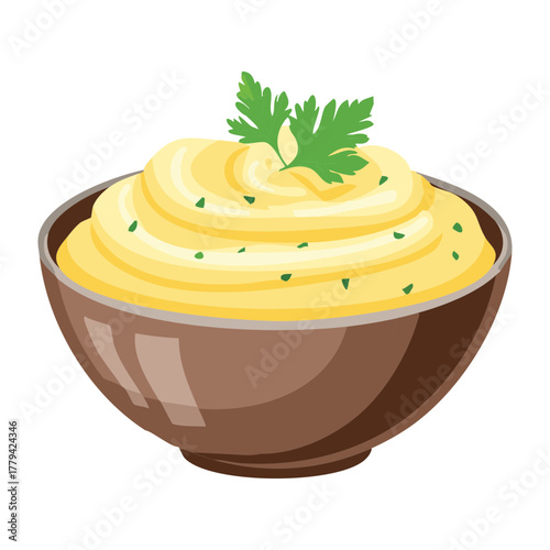 Fluffy garlic mashed potatoes or smooth hummus elegantly swirled in a brown bowl, garnished with fresh parsley - Vector Illustration