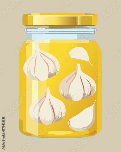 Pickled garlic cloves preserved in clear yellow olive oil inside a tall glass jar, an essential cooking ingredient - Vector Illustration