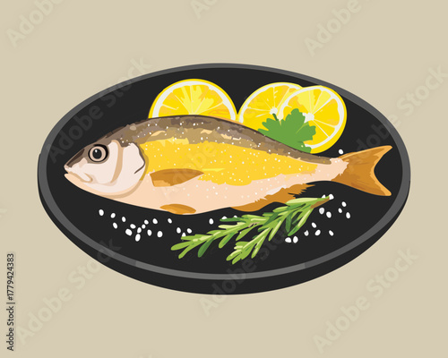 Perfectly seasoned whole grilled fish served on a black plate with lemon wedges and fresh rosemary for a healthy meal - Vector Illustration