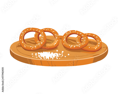Two soft pretzels dusted with coarse salt, served simply on a wooden board, ready to be enjoyed - Vector Illustration