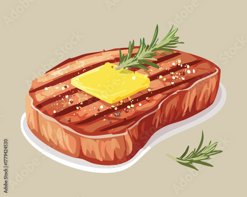 Perfectly grilled sirloin steak topped with melting butter and fresh rosemary, presented on a white plate - Vector Illustration