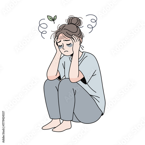 Woman Sitting with Head in Hands Showing Stress and Exhaustion with Closed Eyes and Dark Circles Under Eyes Subtle Green Leaf Above Head Swirls Indicate Distress Light Blue Tones Dominant