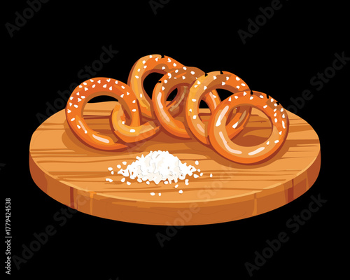 Group of classic soft pretzels dusted with coarse white salt, served on a wooden cutting board for snacking - Vector Illustration