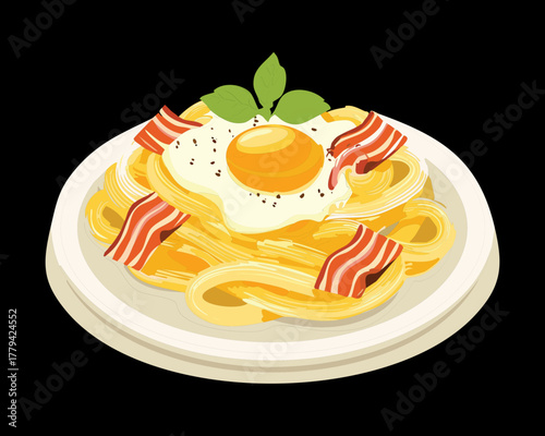 Classic spaghetti carbonara topped with a sunny-side-up fried egg and crispy bacon bits, served on a plate - Vector Illustration