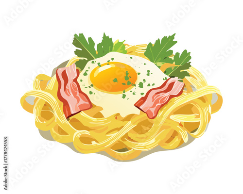 Delicious spaghetti pasta dish topped with crispy bacon, a fried egg, and a sprinkle of parsley for garnish - Vector Illustration