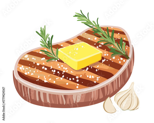 Thick cut savory beef steak with a large square pat of butter and fresh rosemary sprigs on a white plate - Vector Illustration