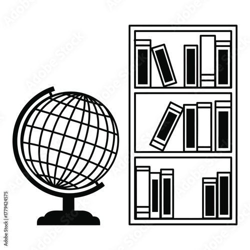 Globe and bookshelf silhouette isolated on transparent background, Vector