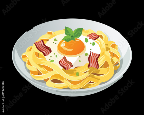 Spaghetti carbonara with crispy bacon, topped with a fried egg and fresh parsley, served on a white plate - Vector Illustration