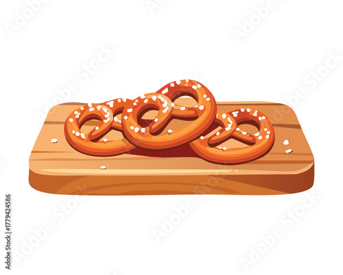 Classic german soft pretzels sprinkled with coarse salt, served on a wooden board, ready for snacking - Vector Illustration