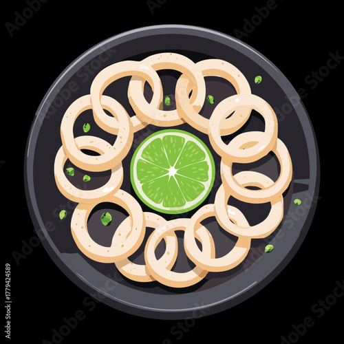 Lightly battered onion rings on a dark plate with lime wedges, perfect for a refreshing side dish or appetizer - Vector Illustration