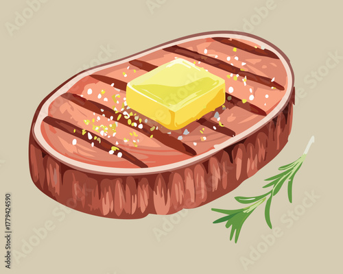 Savory grilled beef steak with cross-hatch grill marks, topped with a pat of melting butter and fresh herbs - Vector Illustration