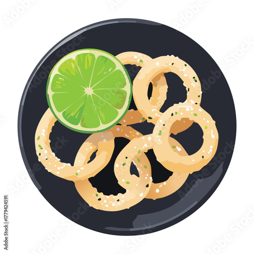 Crispy fried onion rings on a dark plate, garnished with fresh lime wedges and a sprinkle of black sesame seeds - Vector Illustration