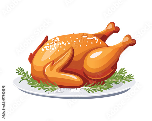 Perfectly roasted whole chicken with a crispy brown skin, served on a white plate with fresh herb garnish - Vector Illustration