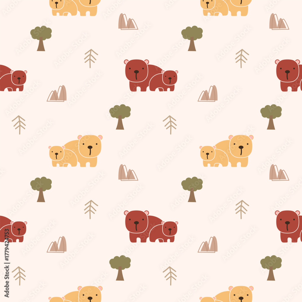 Obraz premium Bear and son cartoon so cute. On tree mountain background. Pattern seamless vector illustration. 