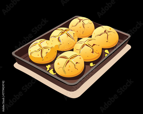 golden baked savory rolls or puffs resting on a black baking sheet with melted butter and seasoning - Vector Illustration