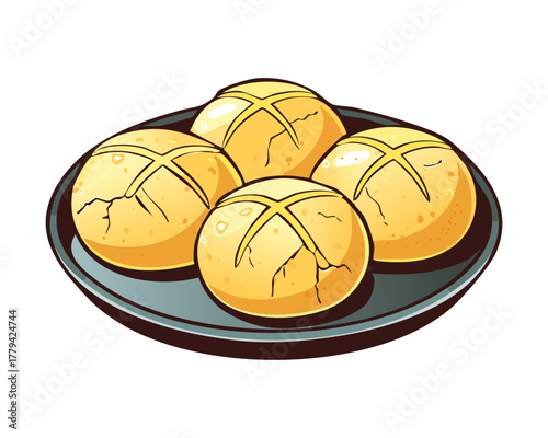 Freshly baked soft dinner rolls or savory buns with a golden brown crust, arranged neatly on a serving plate - Vector Illustration