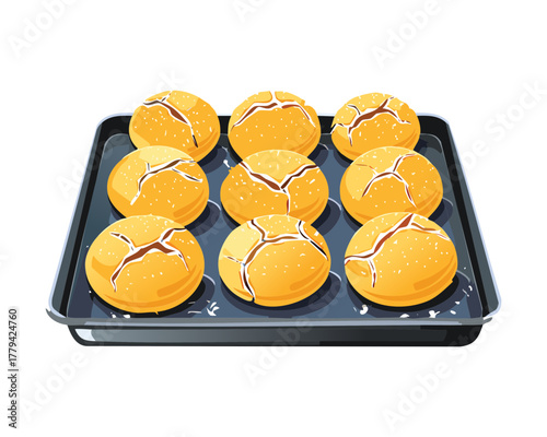 Freshly baked small golden rolls or puffs arranged on a black baking sheet, ready to be served hot - Vector Illustration