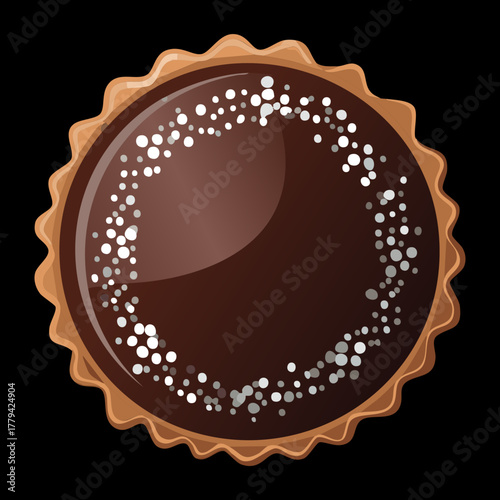 Dark chocolate tart or pie with a scalloped edge, generously dusted with white sugar sprinkles, a rich pastry - Vector Illustration