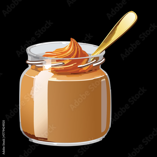 Transparent jar containing thick, glossy caramel or sweet butterscotch topping, perfect for ice cream or pancakes - Vector Illustration