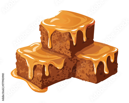 Stack of three rich chocolate fudge brownies with thick caramel drizzle, a decadent and moist dessert - Vector Illustration