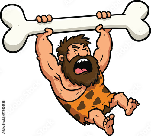Cartoon caveman character illustration, muscular prehistoric man design, funny stone age artwork, oversized bone cartoon drawing, primitive warrior art, humorous vector