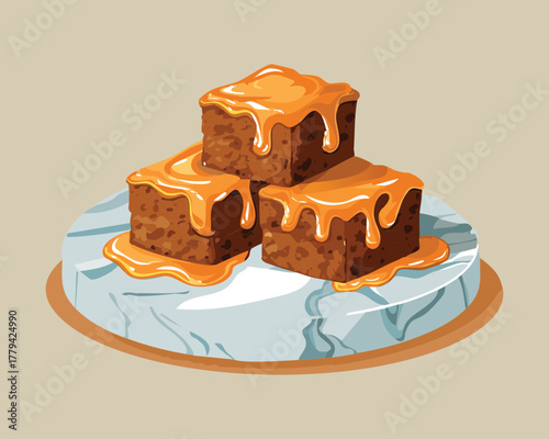 Stack of decadent dark chocolate fudge brownies drizzled generously with thick sweet golden caramel sauce on a serving plate - Vector Illustration