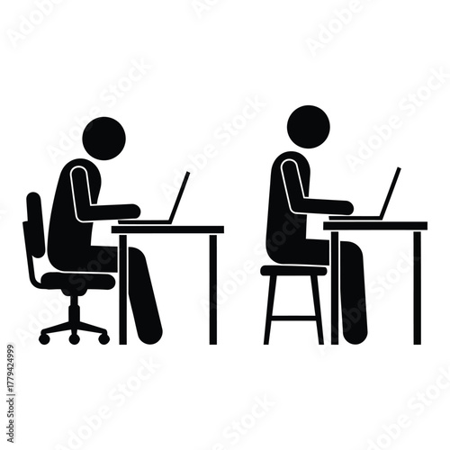 Working posture stick figure silhouettes isolated on transparent background, Vector