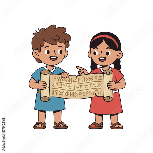 Two smiling cartoon children a boy and a girl wearing blue and red tunics respectively pointing at an ancient scroll with hieroglyphs on a black background