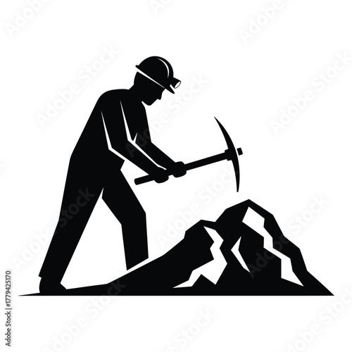 Miner with pickaxe silhouette icon isolated on transparent background, Vector