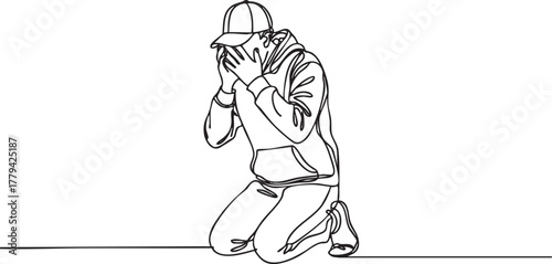 Continuous single line drawing of kneeling figure wearing hoodie and baseball cap with hands covering face, minimalist black and white vector illustration symbolizing despair and exhaustion