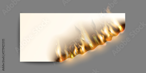 Burning paper edge with realistic flames and a glowing effect on a gray background. Vector illustration of a burning document with a charred frame, bright light, and a smoke effect.