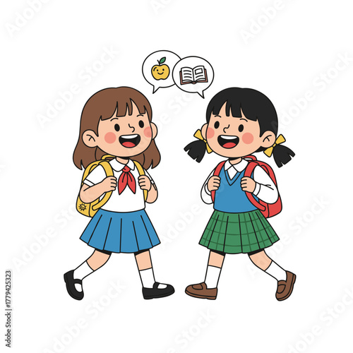Two young school girls with backpacks and school supplies walking and talking cheerfully in a flat design illustration with clean lines and a black background representing friendship and education