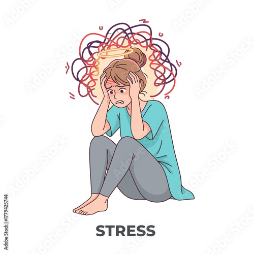 Woman Feeling Overwhelmed With Stress Clasping Head Sitting On Floor With Tangled Lines Above Head Blue Shirt Grey Pants White Background