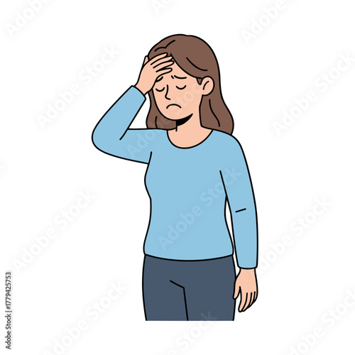 Woman Holding Forehead In Pain With Eyes Closed and Blue Long Sleeve Shirt and Grey Pants Isolated On Black