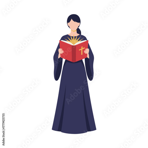 Woman in a Dark Blue Robe Reading from an Open Holy Book with a Cross Symbol and Radiant Light in a Simple Flat Vector Illustration on a Transparent Background