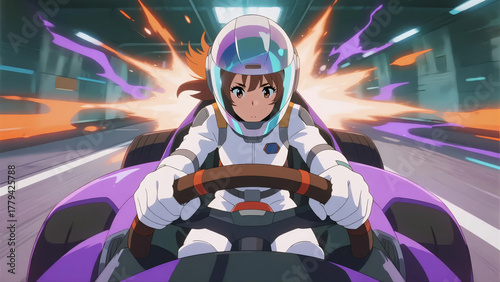 A girl wearing a helmet is driving a race car.