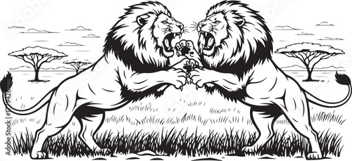 Dynamic Black and White Illustration of Two Roaring Lions Fighting in the Savanna