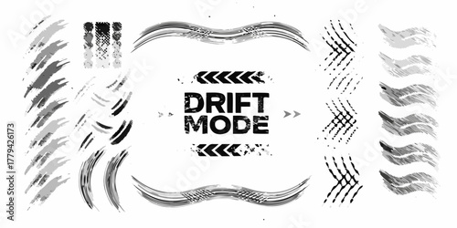 Collection of black and white abstract grunge brush strokes and tire tracks with drift mode text