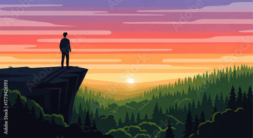 Silhouette of a person standing on a cliff overlooking a forest at sunset.