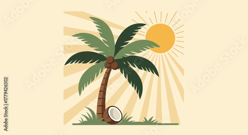Palm Tree Illustration with Sun Rays and a Coconut on a Beige Backdrop
